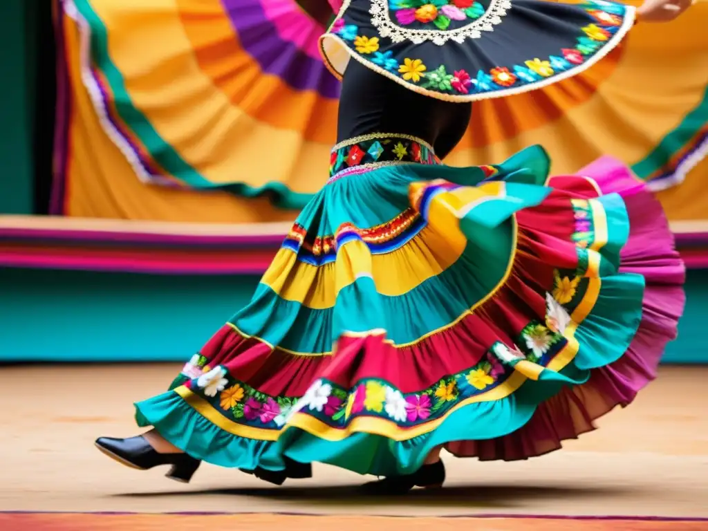 Danza folclórica mexicana en rituales: Bailarina zapateando sobre un escenario floral, capturando la energía y la tradición cultural