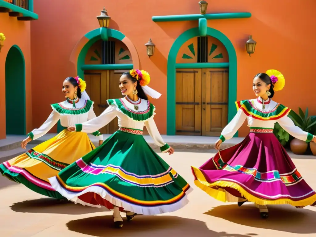 Danza folclórica mexicana en rituales: Bailarines con trajes vibrantes y patrones coloridos, saltando en un patio soleado