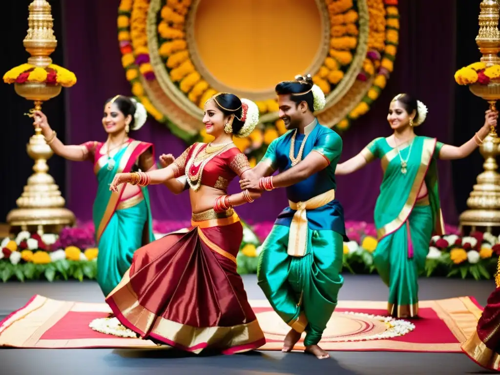 Danza nupcial hindú Bharatanatyam, con trajes vibrantes y gestos expresivos, en una ceremonia sagrada y festiva