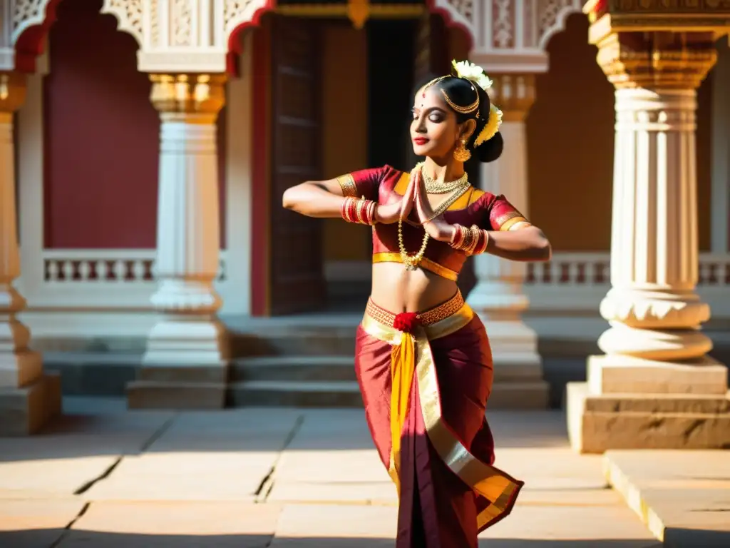 Danza en los rituales hindúes: Bailarina de Bharatanatyam en un templo, expresiva y colorida, en un juego de luz y sombra sagrado