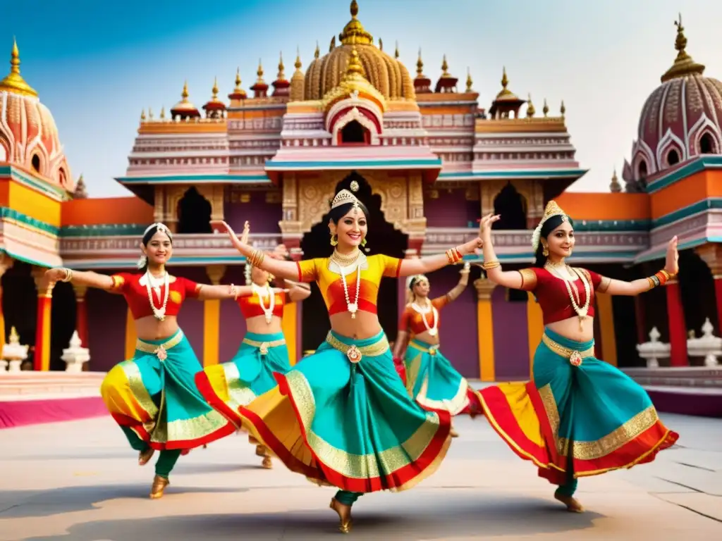 Danza en los rituales hindúes: Grupo de bailarinas en trajes tradicionales realizando una danza grácil y sincronizada frente a un templo colorido