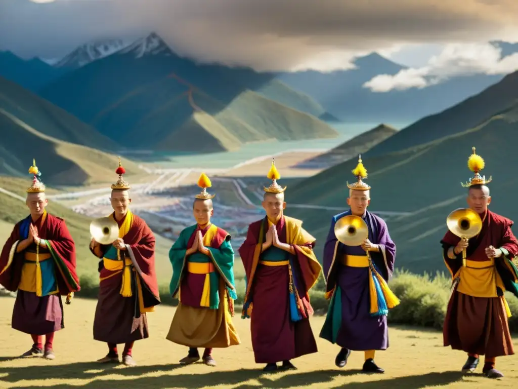 Danza sagrada de lamas del Budismo tibetano en majestuoso escenario montañoso