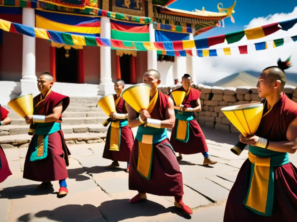 Danza sagrada de lamas del Budismo tibetano: Colorida ceremonia con trajes y máscaras, en un monasterio centenario