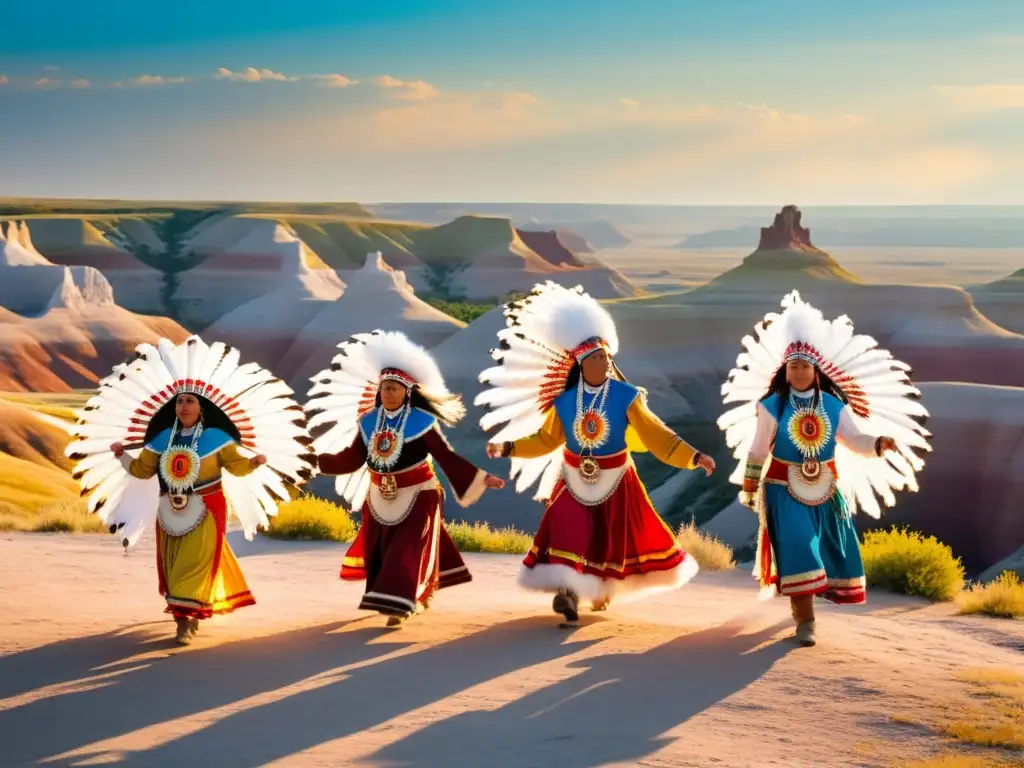 Danza del Sol Lakota significado: Grupo de bailarines Lakota danzando bajo el cálido sol en los impresionantes Badlands de Dakota del Sur