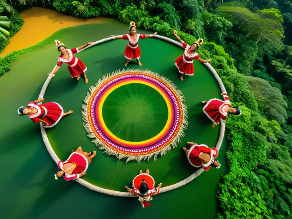 Danza del Turé de los Wayãpi: Grupo de Wayãpi bailando con gracia en la selva amazónica, luciendo trajes tradicionales coloridos