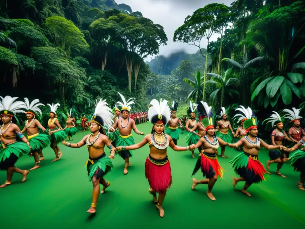 Danza del Turé de los Wayãpi: Grupo de Wayãpi danzando en trajes tradicionales en la exuberante selva amazónica