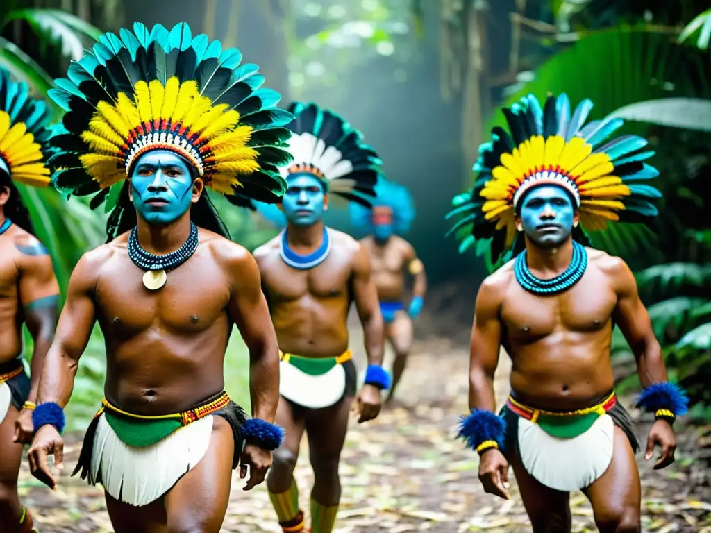 Danza del Turé de los Wayãpi: Hombres Wayãpi danzando con trajes tradicionales y tocados de plumas en la exuberante selva amazónica