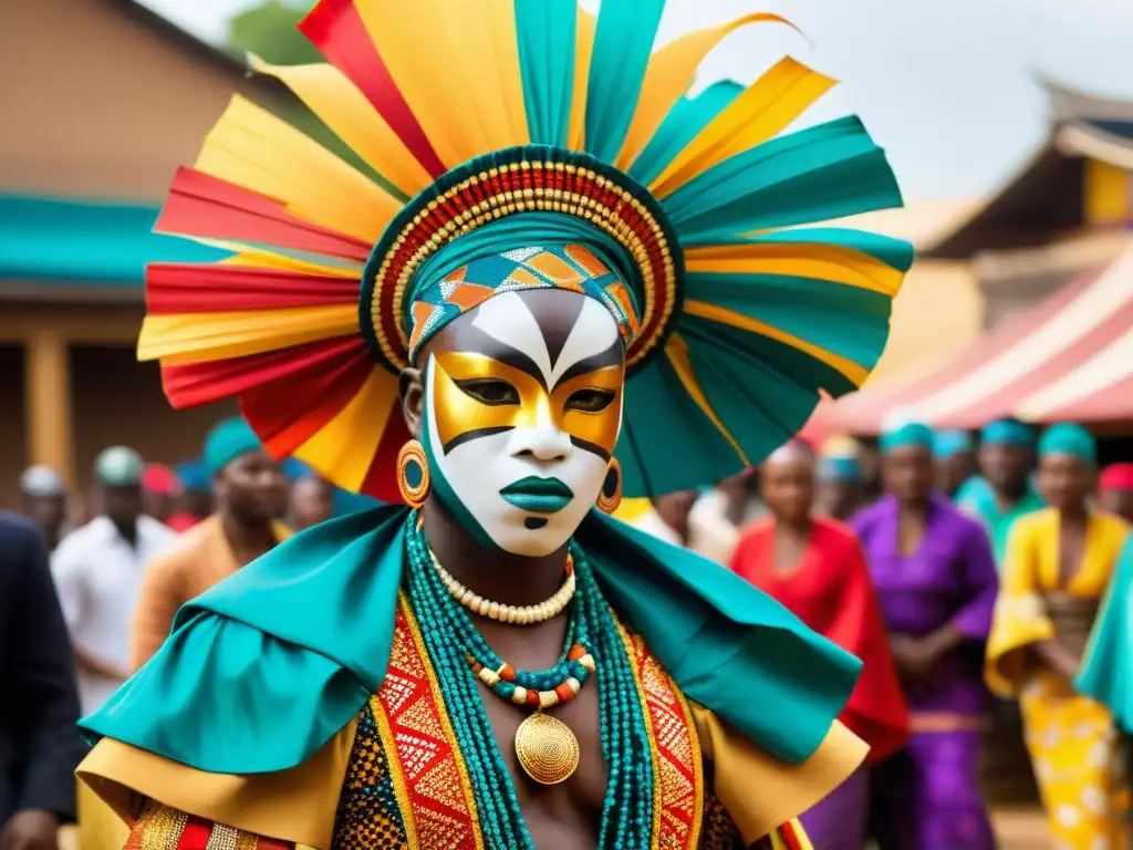 Un danzante del ritual Egungun, honrando a los muertos, deslumbra con sus telas coloridas y movimientos dinámicos, cautivando a la multitud