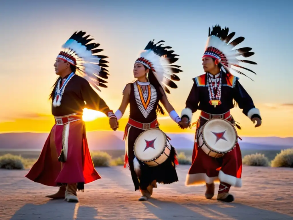 Danzantes Lakota adornaos con plumas y abalorios, danzan al amanecer en la ritual Danza del Sol Lakota, capturando su profundo significado espiritual