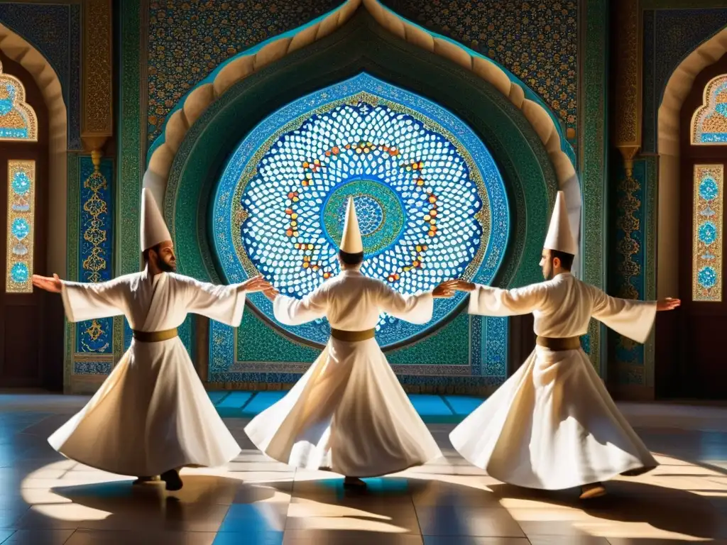 Danzas místicas derviches Irán: Grupo de derviches gira en trance, con túnicas blancas y sombreros cónicos, en una mezquita iraní