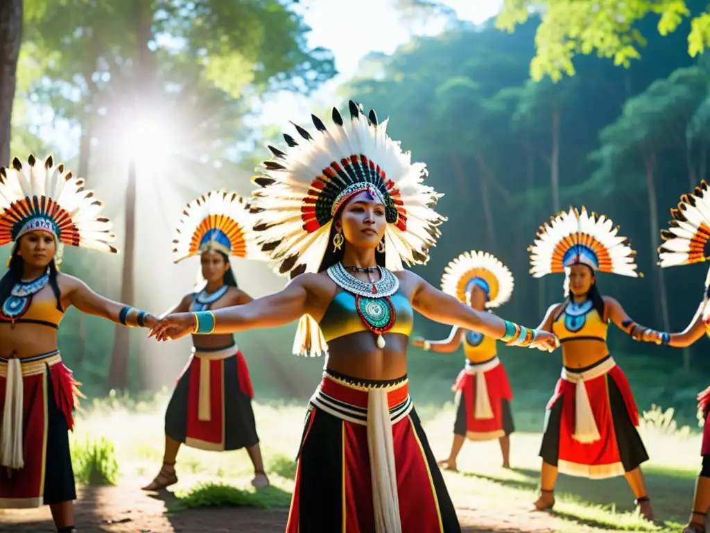 Danzas sagradas como rituales culturales: Grupo de bailarines indígenas en trajes vibrantes, realizando un ritual en el bosque