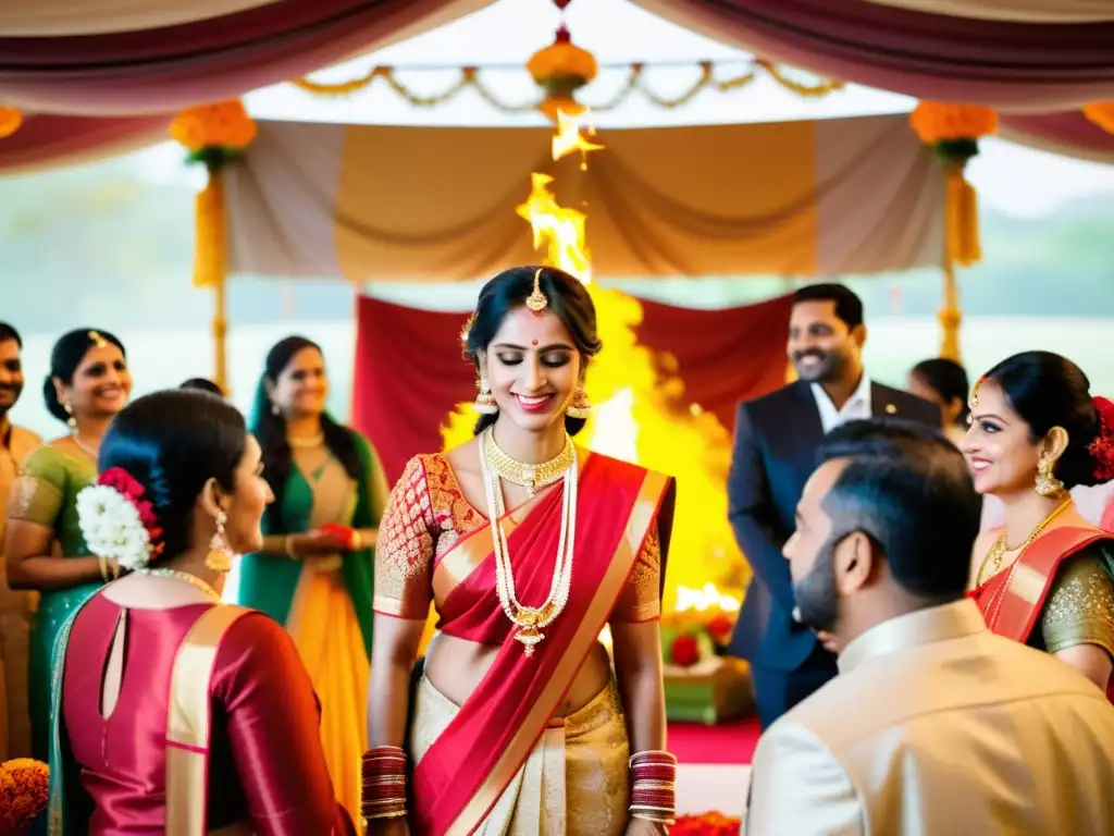 Una mandap hindú decorada con flores vibrantes y patrones intrincados, rodeada de familiares y amigos con atuendos tradicionales, mientras la novia y el novio realizan rituales sagrados del Vivah Samskara