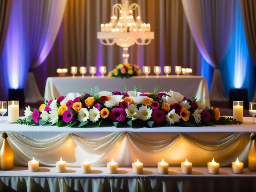 Decorada mesa de Ceremonia del Nombre en el Islam con flores, velas y símbolos tradicionales, rodeada de invitados elegantes y alegres