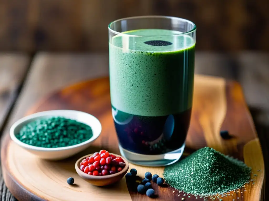 Un delicioso smoothie verde de espirulina rodeado de superalimentos esenciales para rituales de purificación, en un entorno natural exuberante