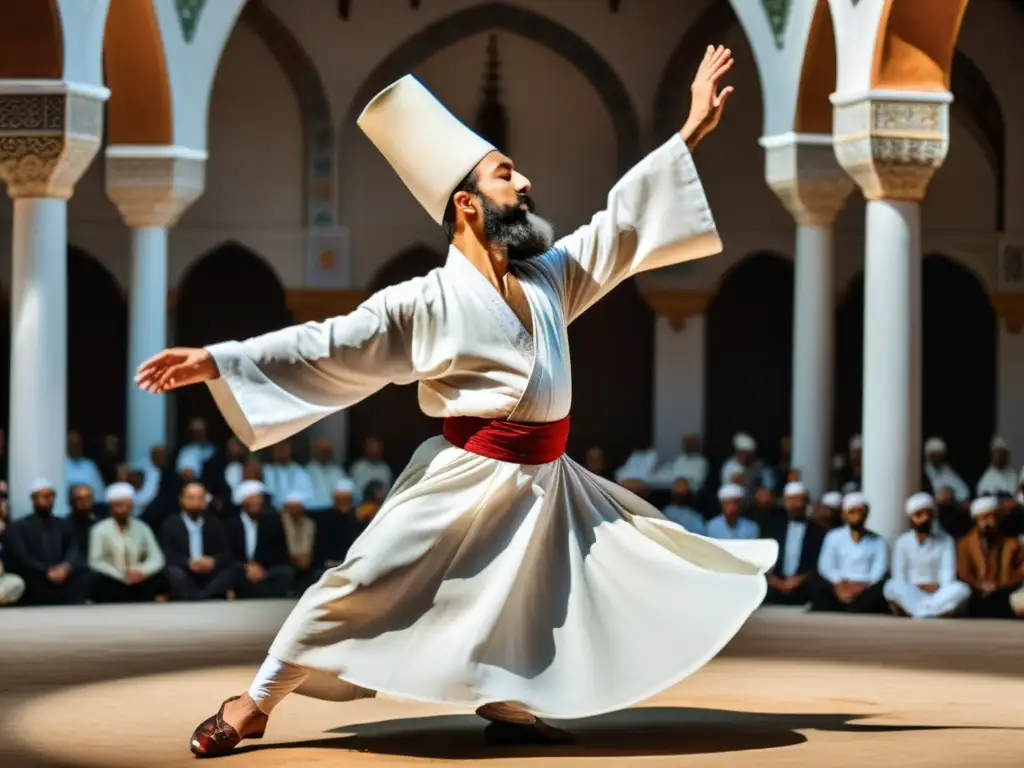 Derviche gira en la danza sufí tradicional de Turquía, capturando la esencia espiritual y meditativa de la Sema