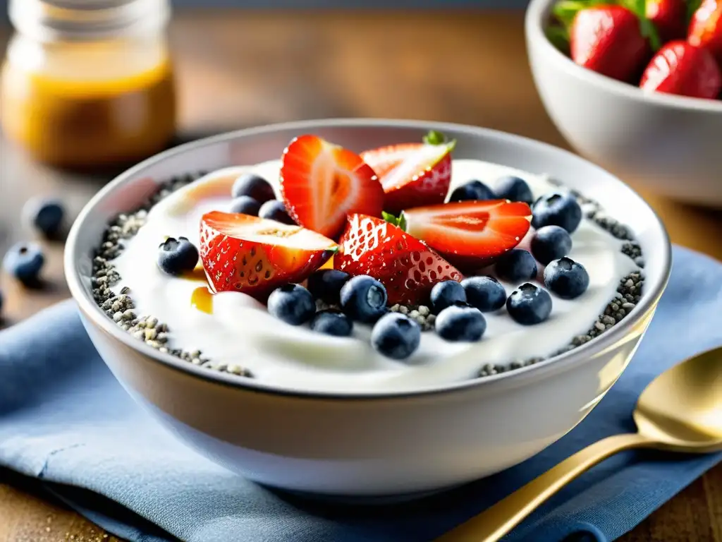 Un desayuno saludable con semillas de chía, fresas, arándanos y miel dorada, creando rituales matutinos con semillas sagradas