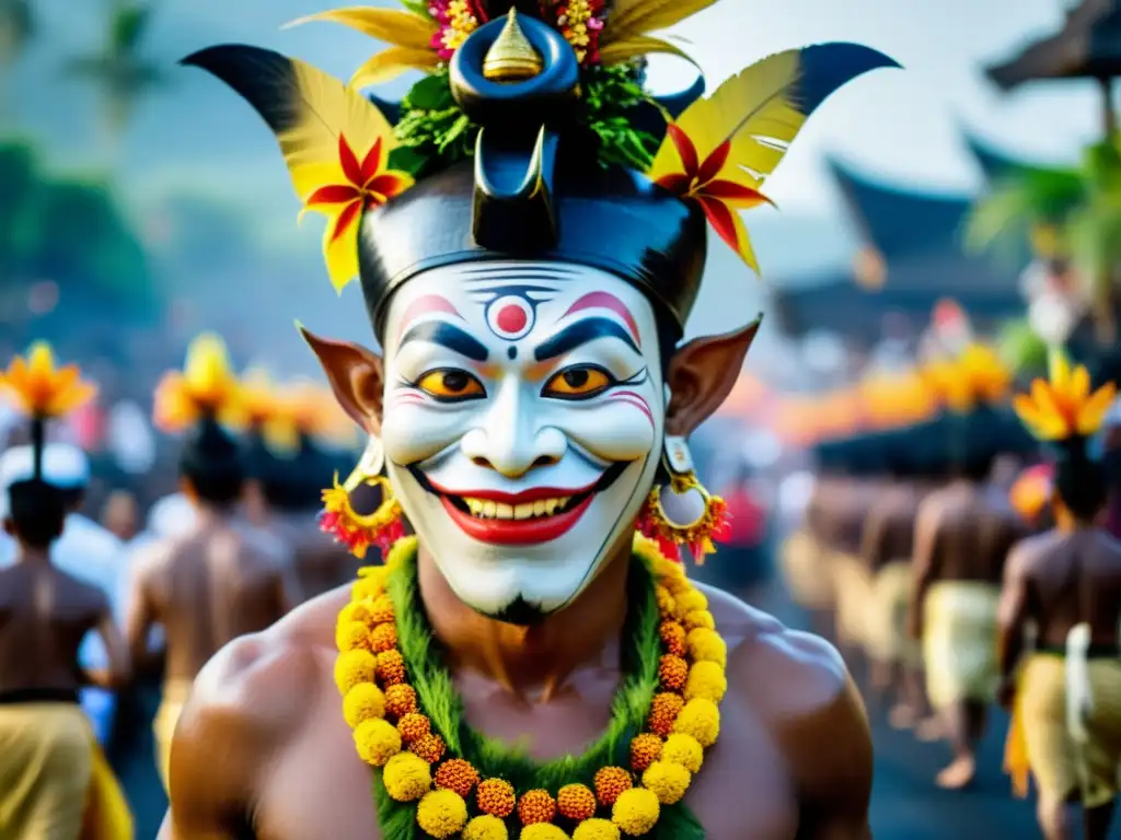 Desfile de Ogoh-Ogoh en Bali durante las ceremonias de Año Nuevo exóticas, con vibrantes colores y expresiones de reverencia y alegría