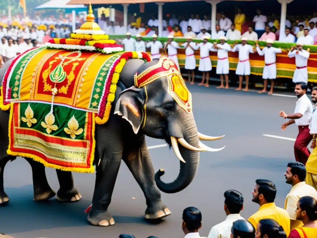 Desfile colorido de elefantes y músicos en el festival Onam en Kerala, India