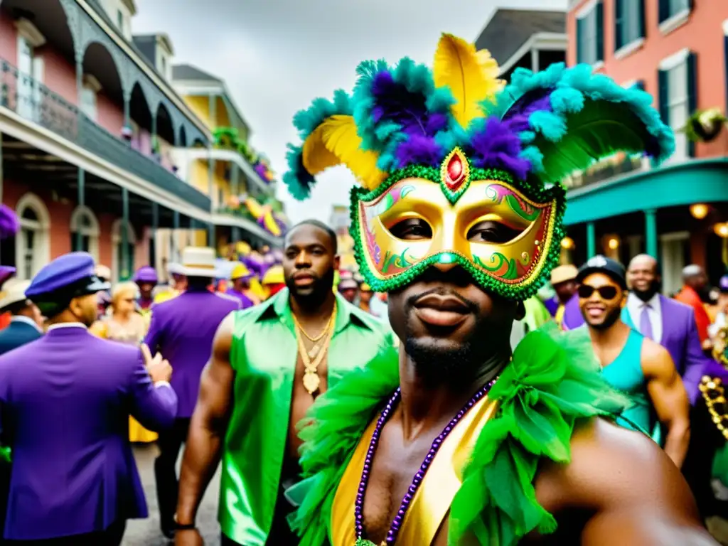 Desfile colorido de Mardi Gras en Nueva Orleans, muestra rituales festivos y vibrantes colores