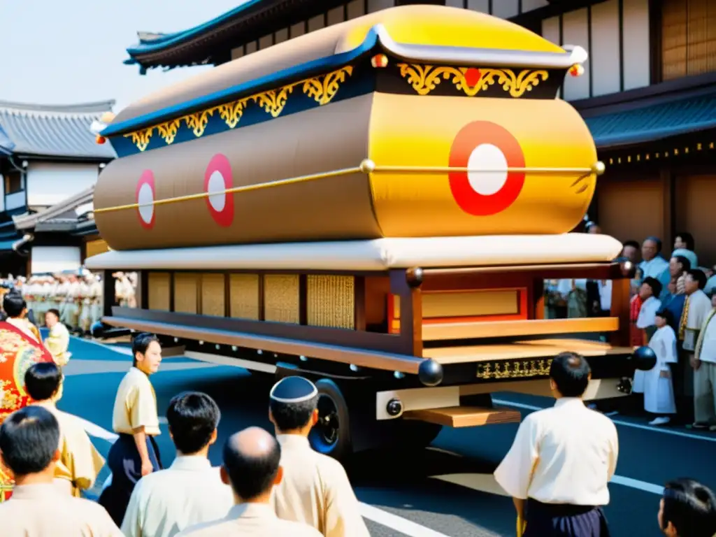 Desfile de hombres en kimono llevando un gran carro decorado en el festival Gion Matsuri de Kyoto, capturando la esencia de los rituales sintoístas