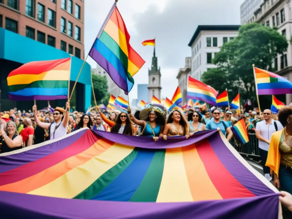 Desfile del orgullo LGBTQ+ en la ciudad, con rituales LGBTQ+ en diferentes culturas, colores vibrantes y diversidad cultural