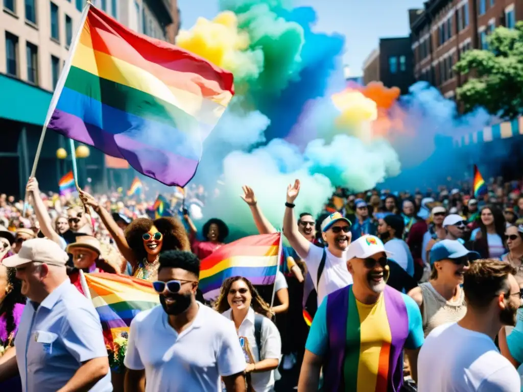 Desfile del orgullo LGBTQ+ con personas de todas las edades y orígenes, ondeando banderas arcoíris y luciendo trajes coloridos