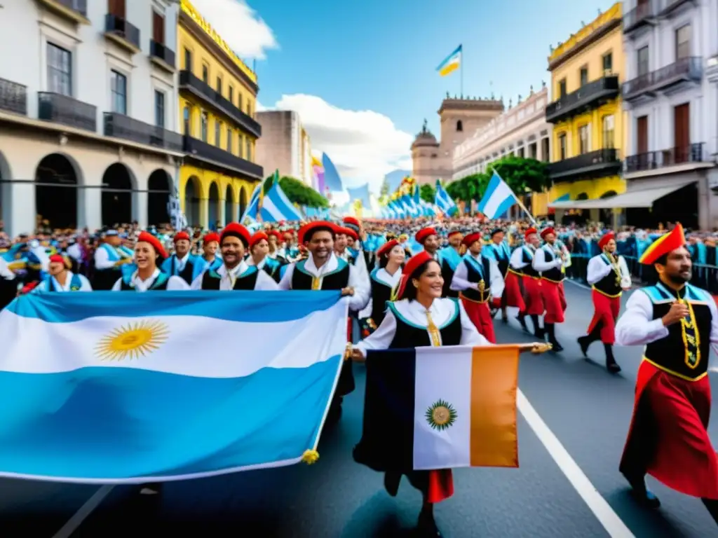 Desfile vibrante en la celebración de la independencia en Argentina, con música, baile y coloridos trajes tradicionales