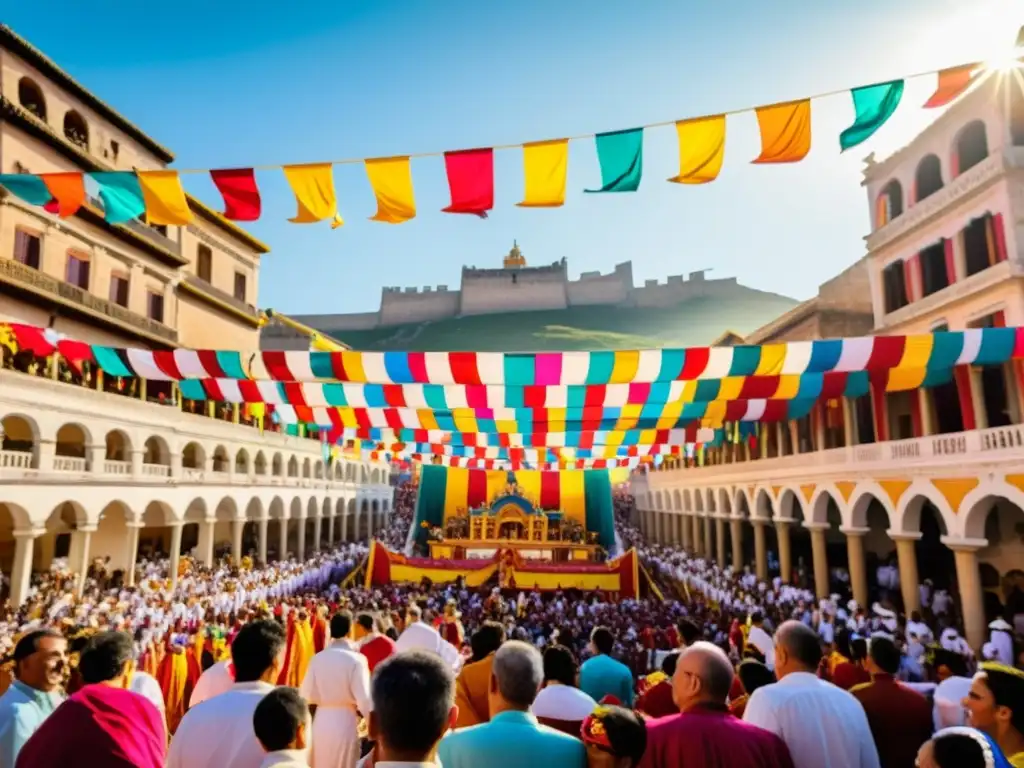 Desfile vibrante del Festival de Opet en Tebas, con coloridos carros y artistas