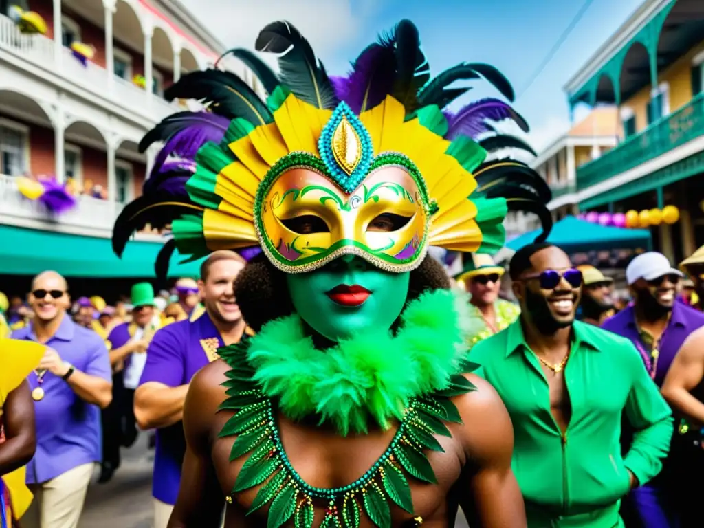 Desfile vibrante de Mardi Gras en Nueva Orleans: coloridos disfraces, música y alegría