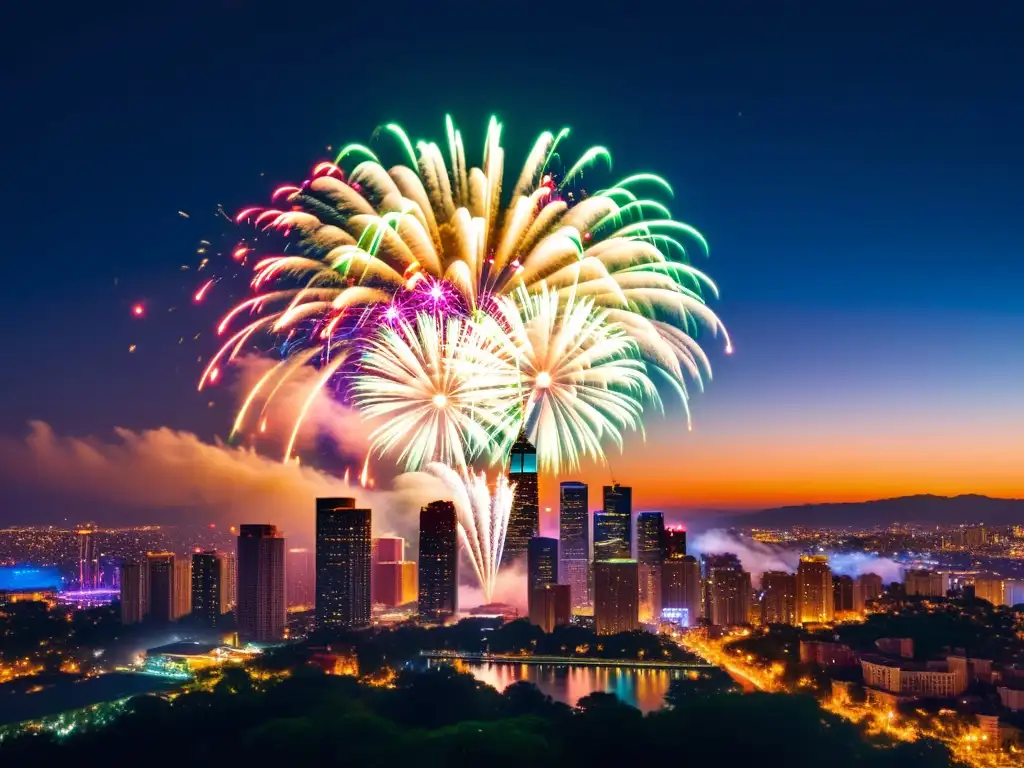 Una deslumbrante exhibición de fuegos artificiales ilumina el cielo nocturno sobre el horizonte de la ciudad, evocando celebración y asombro