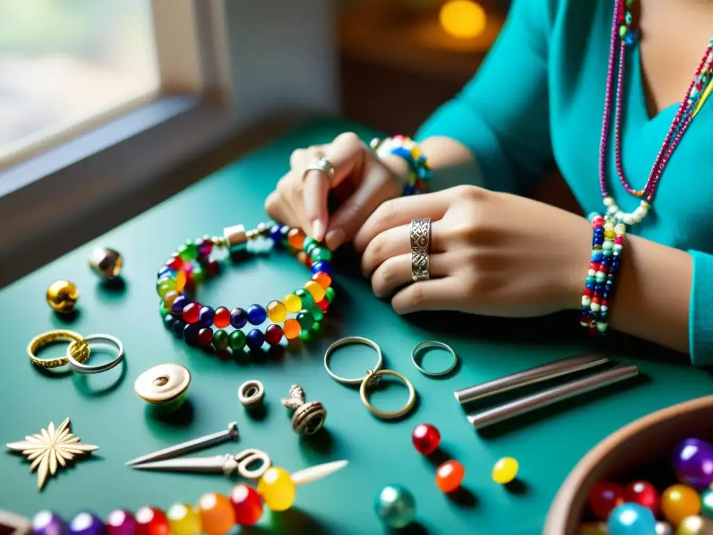 Detallada confección de pulseras rituales buena suerte por hábil artesano, con coloridas cuentas y encantos, iluminada por luz natural