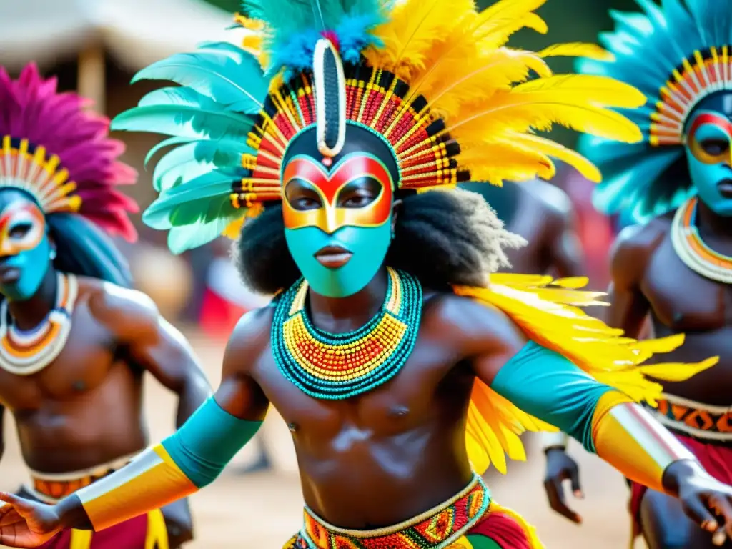 Fotografía detallada de danzantes enmascarados y coloridos trajes africanos en un ritual de máscaras en África Occidental, bajo la luz dappled del sol