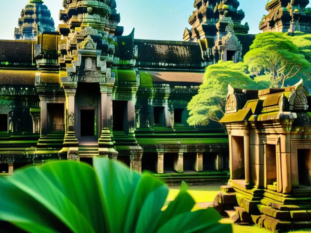 Detallada fotografía de las esculturas en Angkor Wat, resaltando luz, sombra y follaje