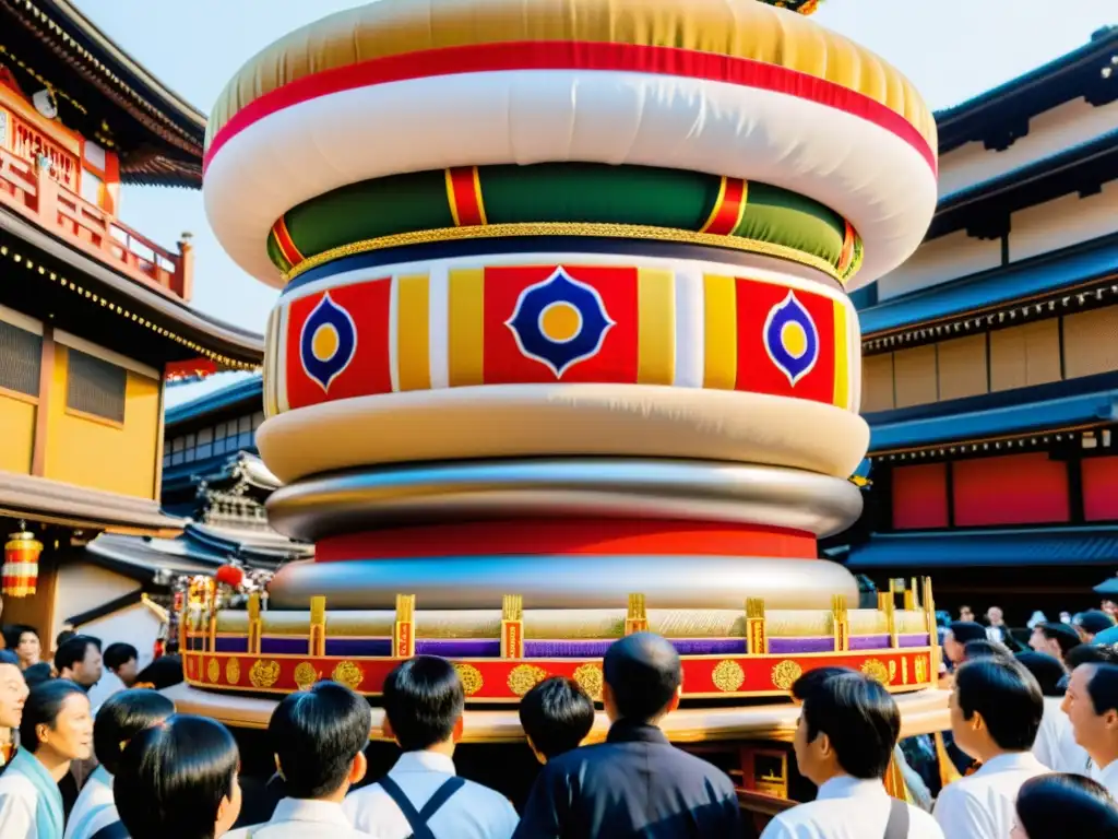 Detallada imagen de un imponente carro alegórico del Gion Matsuri en Kyoto, resaltando la rica herencia cultural de los rituales sintoístas