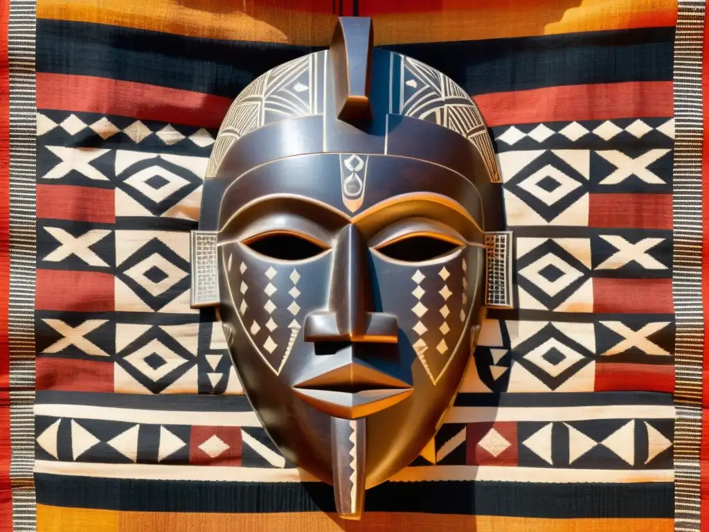 Detallada máscara ritual Dogon esculpida en madera oscura, con patrones geométricos y símbolos