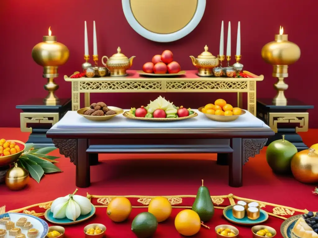 Detallada ofrenda funeraria china con réplicas de bienes materiales y alimentos, en un ambiente reverente de rojo y oro