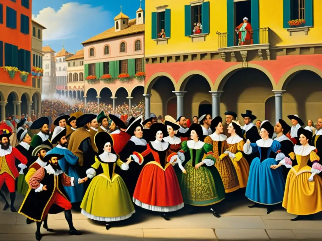 Detallada pintura de la Commedia dell'Arte, con personajes coloridos y vestimenta elaborada en una bulliciosa plaza