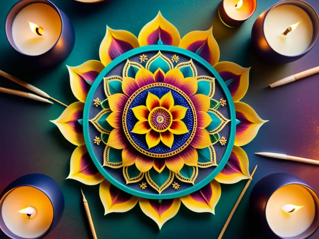 Detallado mandala rodeado de incienso, velas aromáticas y pétalos, evocando serenidad y significado mandalas decoración ritualística