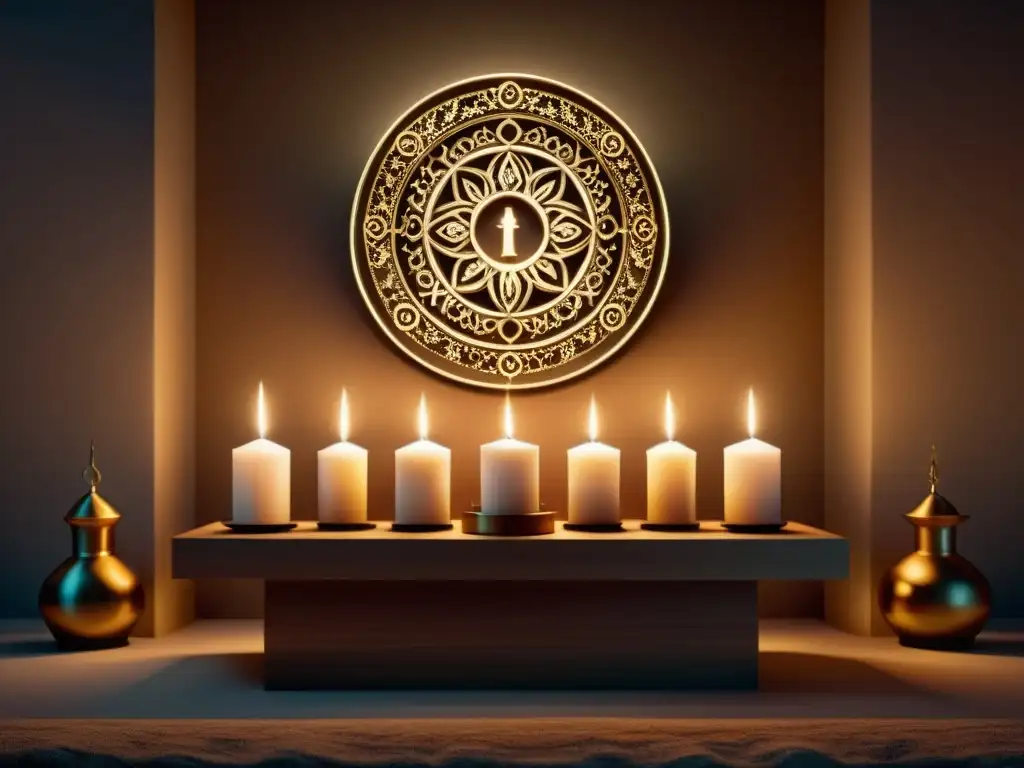 Detalle de un altar digital en un ambiente de realidad virtual, evocando espiritualidad y calma