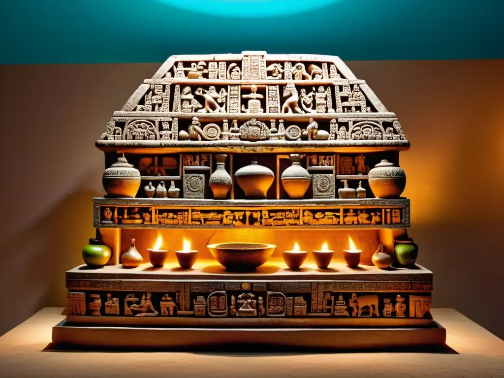 Detalle de altar maya con significado sacrificios ofrendas culturas ancestrales, decorado con símbolos y ofrendas, iluminado y vibrante