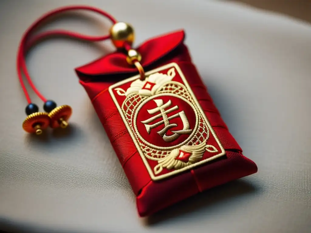 Detalle de un amuleto omamori japonés con bordados vibrantes, suspendido frente a un santuario shintoísta iluminado, evocando tradición y protección