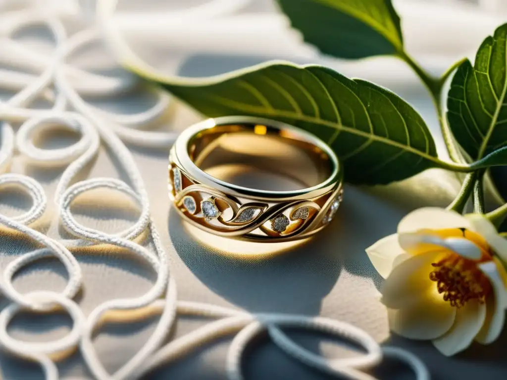 Detalle de dos anillos de boda entrelazados con grabados de flores y enredaderas, descansando sobre encaje blanco