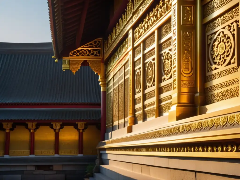 Detalle arquitectónico de un templo tradicional, iluminado por suaves rayos de sol, con visitantes participando en rituales