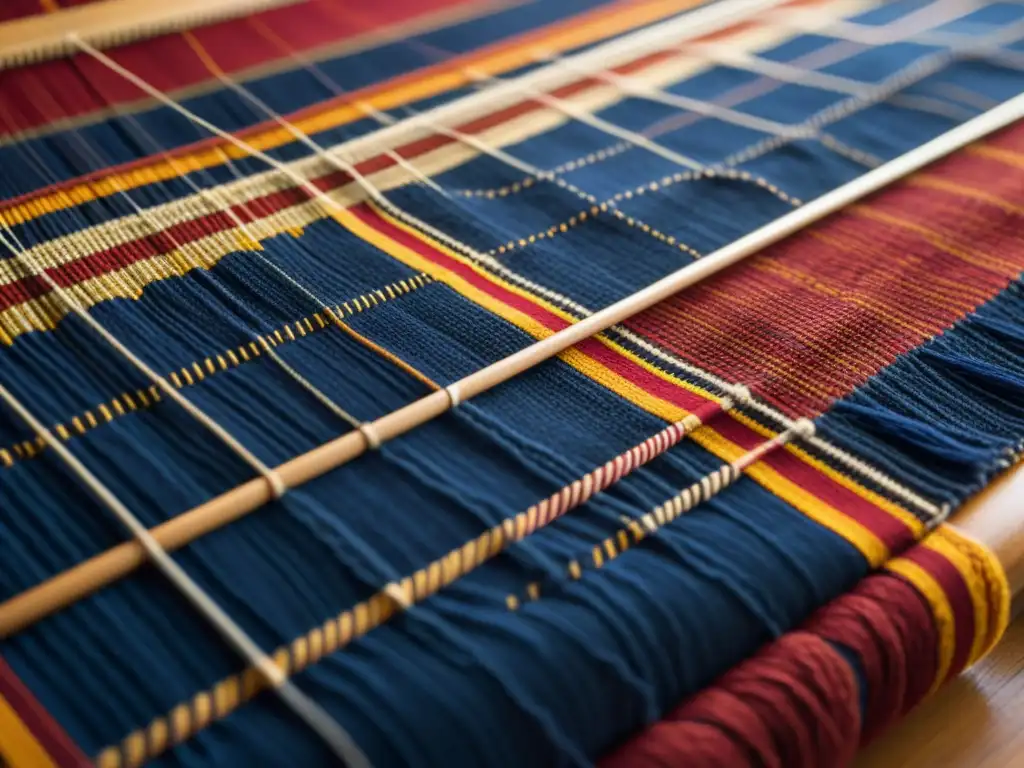 Detalle artesanal de un textil vibrante tejido a mano con colores tierra