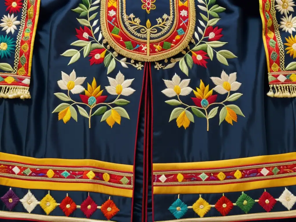 Detalle de un atuendo ceremonial bordado con ricos colores y simbolismos ocultos representando nacimiento, muerte y ritos de paso