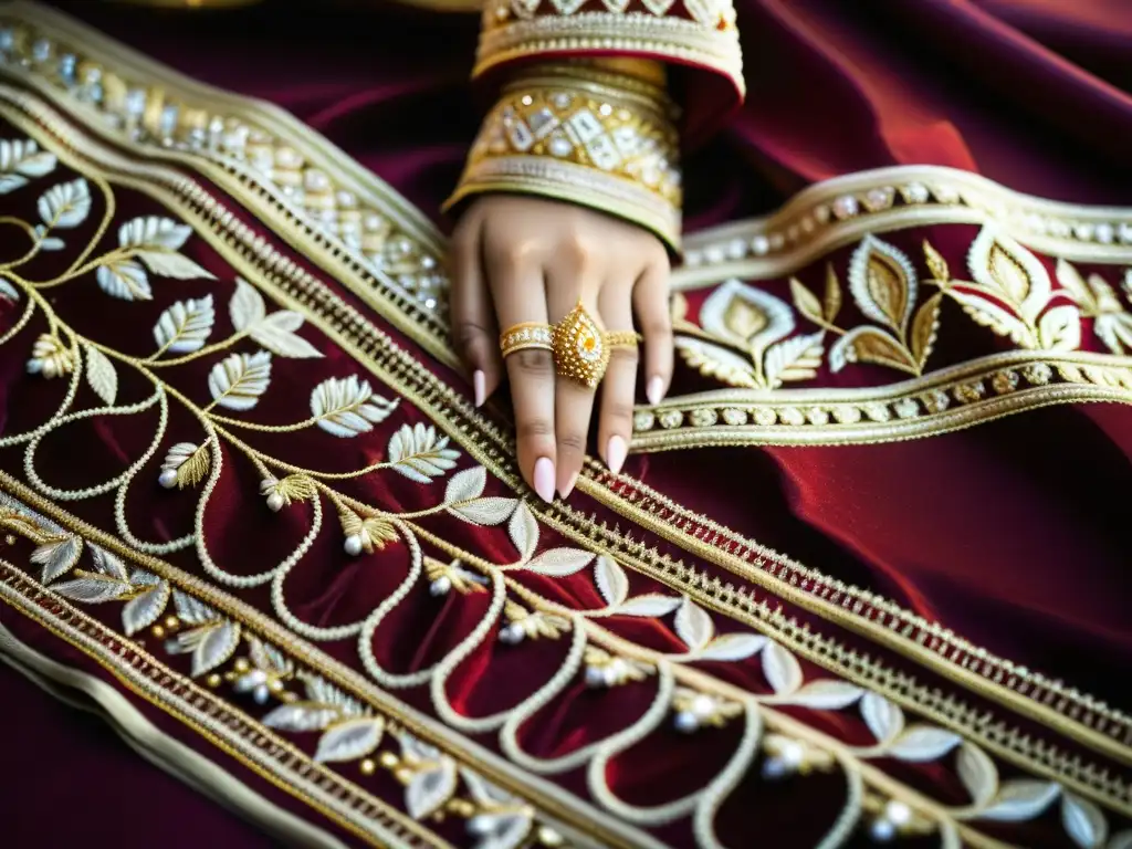 Detalle de bordado en saree de novia indio con hilos dorados y plateados, simbolismo vestido novia culturas