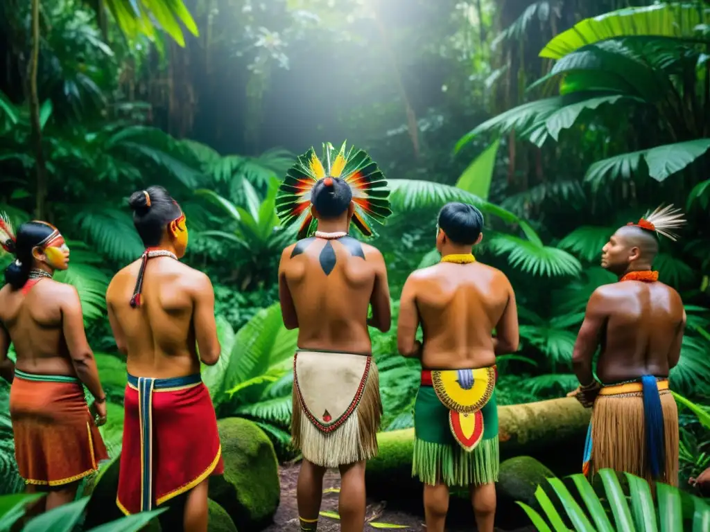 Detalle de ceremonia indígena en selva exuberante, con participantes vistiendo atuendos tradicionales y pintura corporal colorida