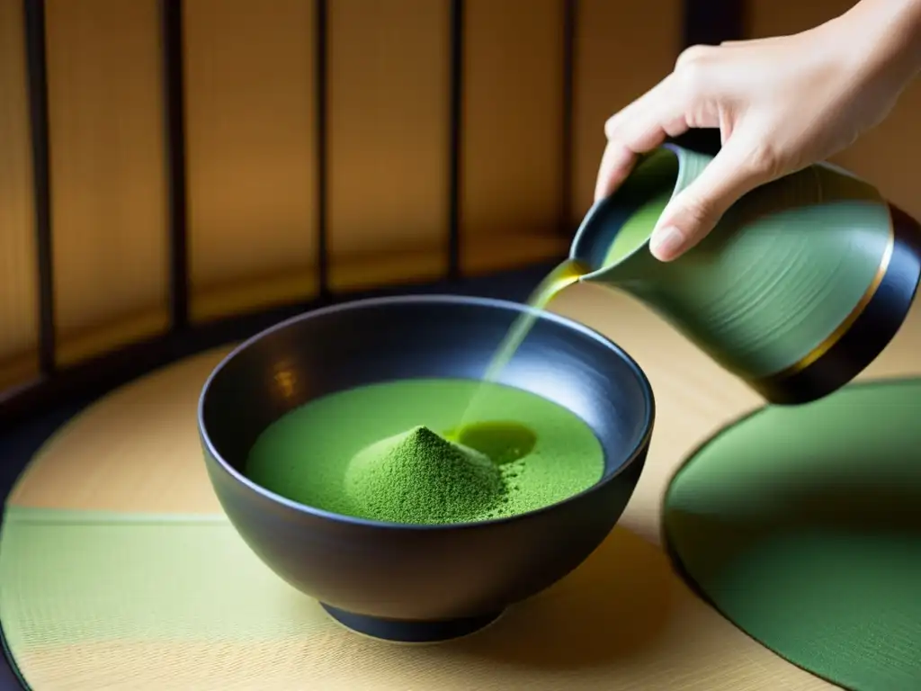 Detalle de la ceremonia del té matcha tradición zen, con movimientos elegantes y ambiente meditativo intemporal