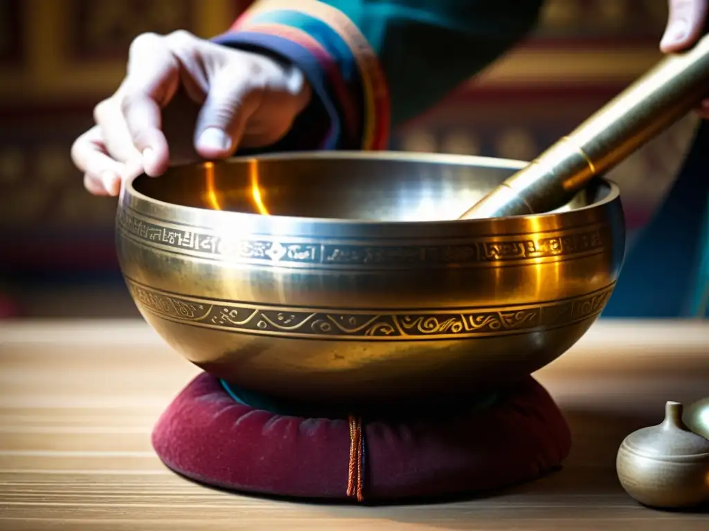 Detalle de un cuenco tibetano resonando con un sonido etéreo, mostrando sus patrones y texturas