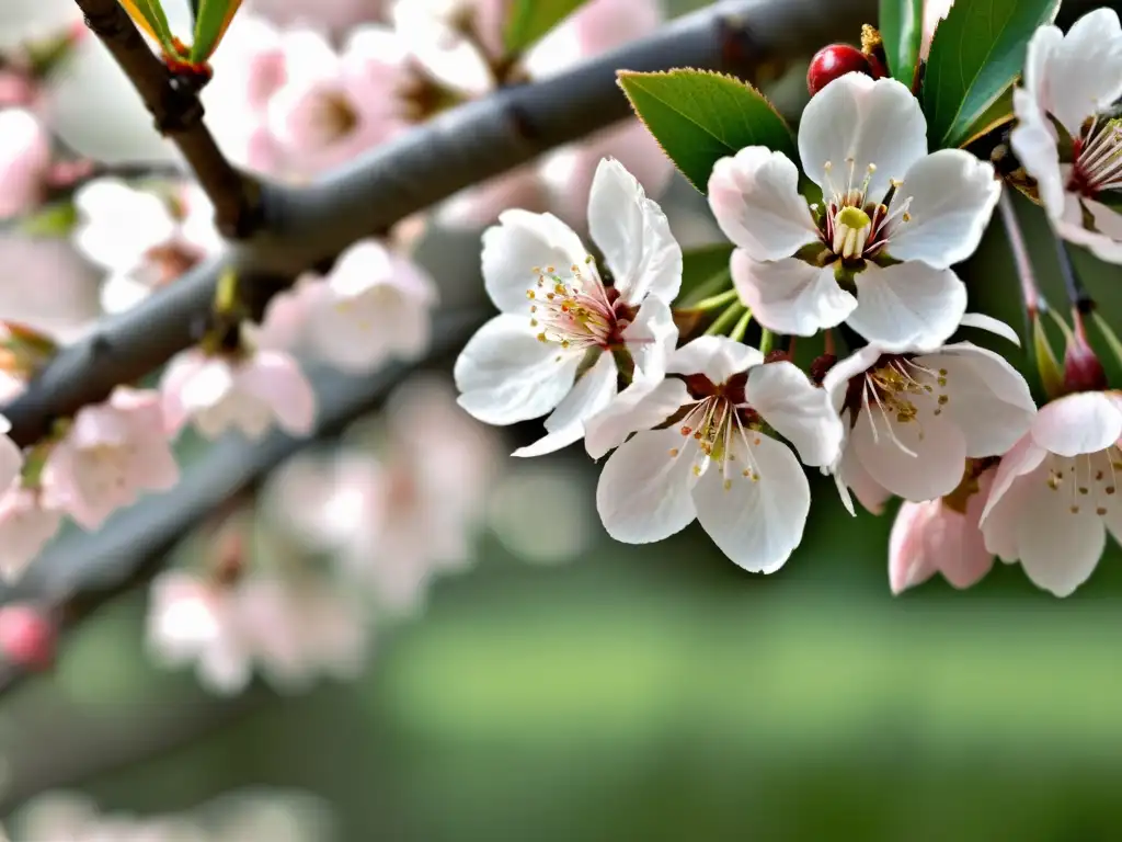 Detalle de delicadas flores de cerezo en distintas etapas de floración, con luz suave de la mañana y pétalos esparcidos, capturando la esencia de los rituales japoneses de Hanami primavera